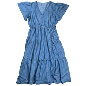 Given Kale Womens Tiered Denim Dress Sz XL Flutter Sleeve Modest Peasant NO BELT